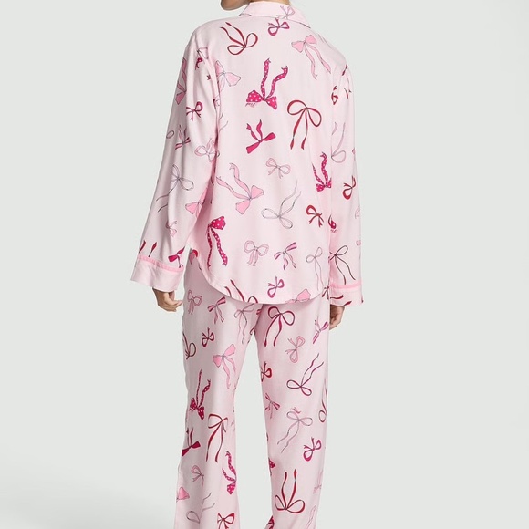 Victorias Secret PINK FLANNEL LONG PAJAMA SET Pink Tulip Bows SMALL SHORT NEW - Picture 2 of 5